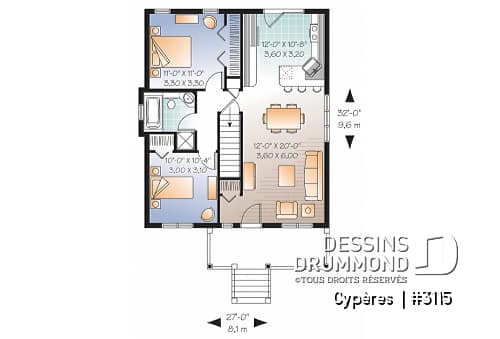 Rez-de-chaussée - Plan de maison plain-pied petit budget 2 chambres, cuisine avec îlot, aire ouverte, parfaite première maison - Cypères 