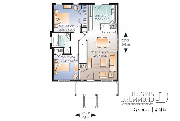Rez-de-chaussée - Plan de maison plain-pied petit budget 2 chambres, cuisine avec îlot, aire ouverte, parfaite première maison - Cypères 