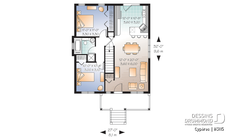 Rez-de-chaussée - Plan de maison plain-pied petit budget 2 chambres, cuisine avec îlot, aire ouverte, parfaite première maison - Cypères 
