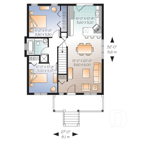 Rez-de-chaussée - Plan de maison plain-pied petit budget 2 chambres, cuisine avec îlot, aire ouverte, parfaite première maison - Cypères 