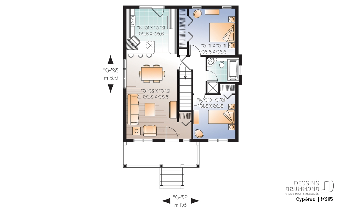 Rez-de-chaussée - Plan de maison plain-pied petit budget 2 chambres, cuisine avec îlot, aire ouverte, parfaite première maison - Cypères 
