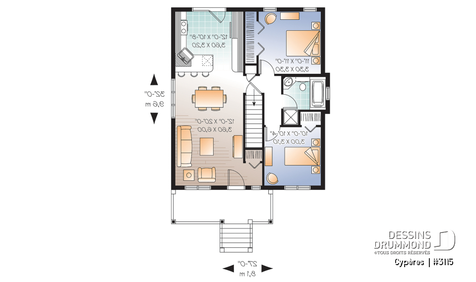 Rez-de-chaussée - Plan de maison plain-pied petit budget 2 chambres, cuisine avec îlot, aire ouverte, parfaite première maison - Cypères 