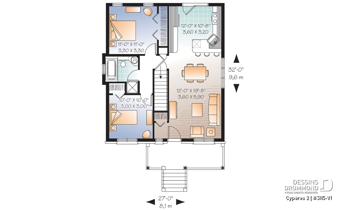 Rez-de-chaussée - Plan de bungalow ou plain-pied avec façade en brique, 2 chambres, aire ouverte, sous-sol sorti de terre - Cypères 2