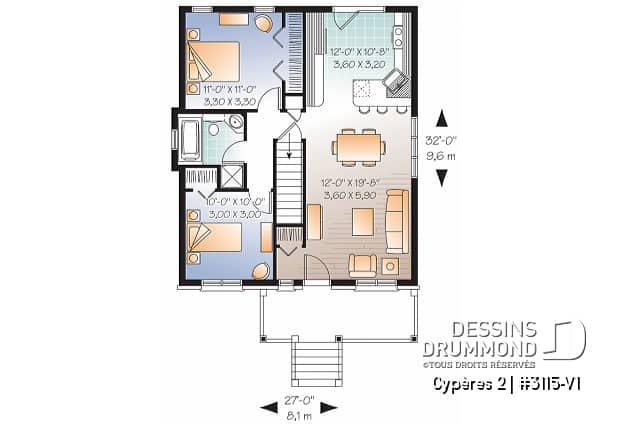 Rez-de-chaussée - Plan de bungalow ou plain-pied avec façade en brique, 2 chambres, aire ouverte, sous-sol sorti de terre - Cypères 2