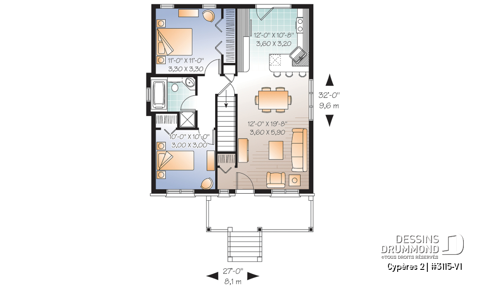 Rez-de-chaussée - Plan de bungalow ou plain-pied avec façade en brique, 2 chambres, aire ouverte, sous-sol sorti de terre - Cypères 2