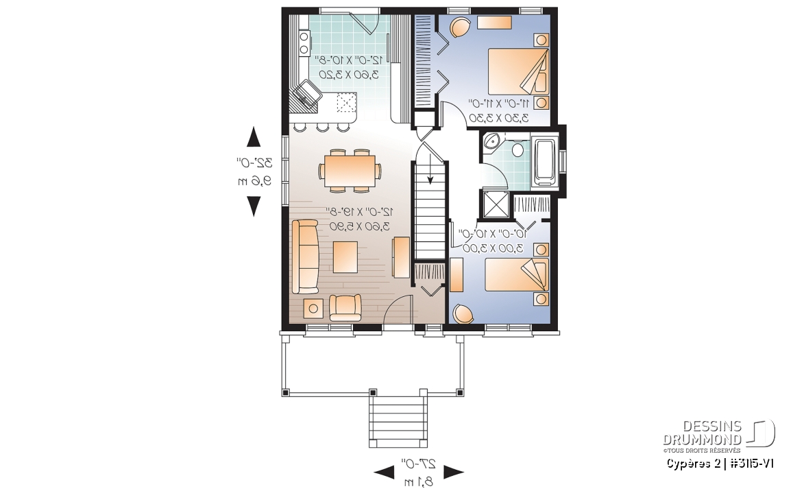 Rez-de-chaussée - Plan de bungalow ou plain-pied avec façade en brique, 2 chambres, aire ouverte, sous-sol sorti de terre - Cypères 2