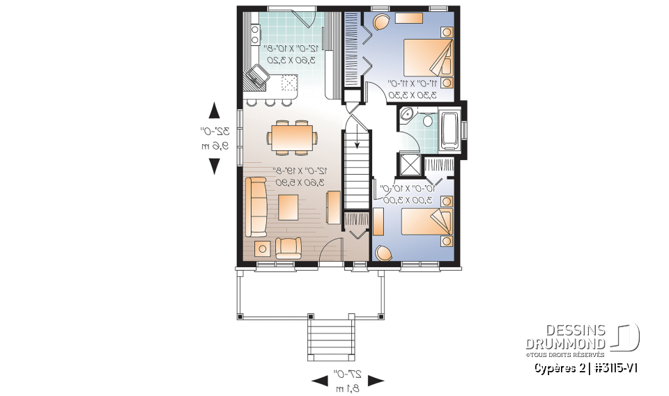 Rez-de-chaussée - Plan de bungalow ou plain-pied avec façade en brique, 2 chambres, aire ouverte, sous-sol sorti de terre - Cypères 2