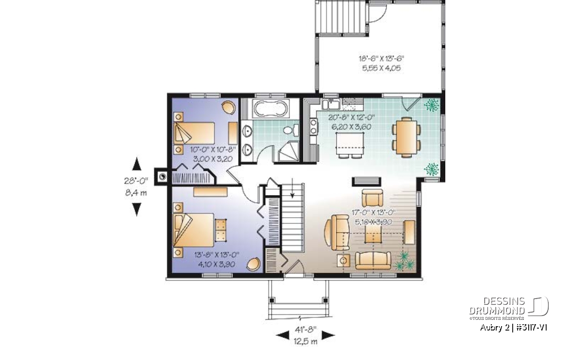Rez-de-chaussée - Plan plain-pied 2 chambres au rez-de-chaussée + 2 au sous-sol, abri moustiquaire, cathédrale au salon - Aubry 2