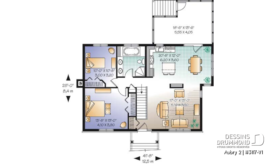 Rez-de-chaussée - Plan plain-pied 2 chambres au rez-de-chaussée + 2 au sous-sol, abri moustiquaire, cathédrale au salon - Aubry 2