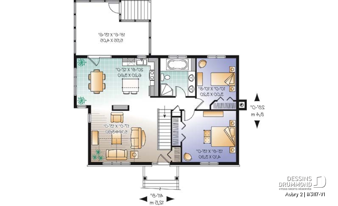 Rez-de-chaussée - Plan plain-pied 2 chambres au rez-de-chaussée + 2 au sous-sol, abri moustiquaire, cathédrale au salon - Aubry 2