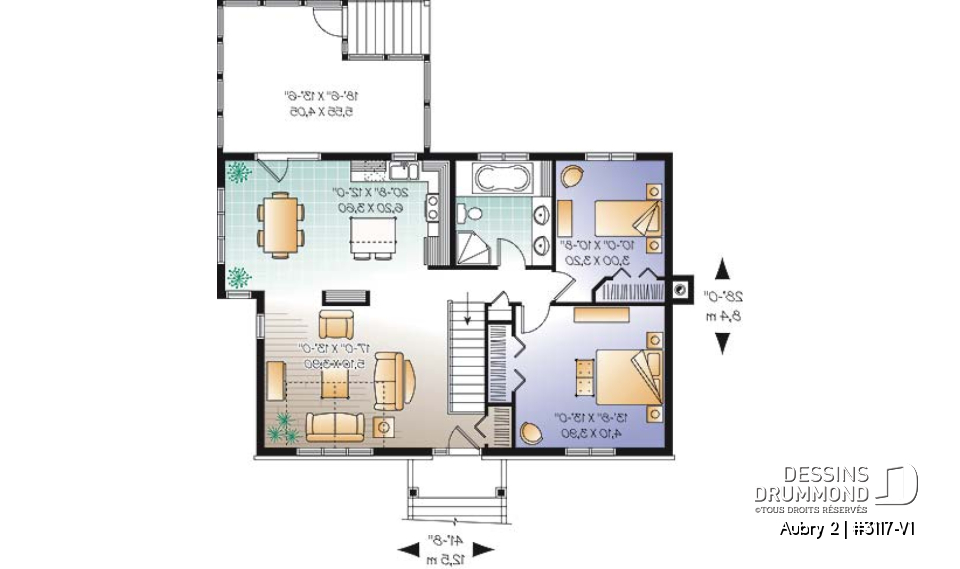 Rez-de-chaussée - Plan plain-pied 2 chambres au rez-de-chaussée + 2 au sous-sol, abri moustiquaire, cathédrale au salon - Aubry 2