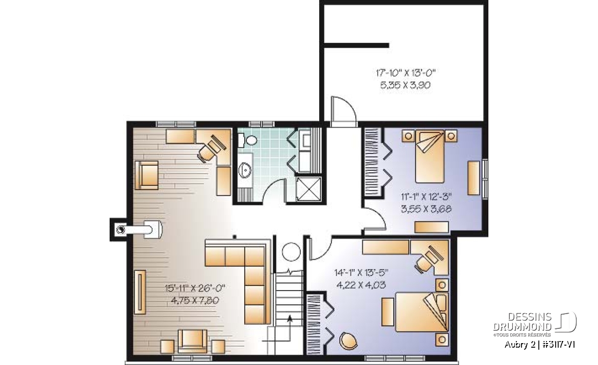 Sous-sol - Plan plain-pied 2 chambres au rez-de-chaussée + 2 au sous-sol, abri moustiquaire, cathédrale au salon - Aubry 2