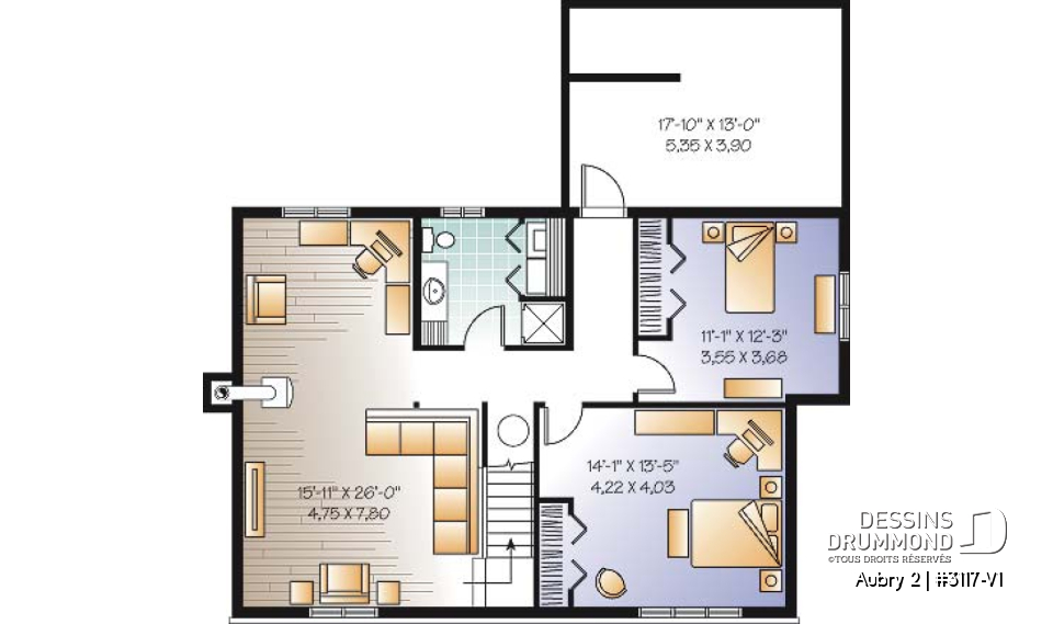Sous-sol - Plan plain-pied 2 chambres au rez-de-chaussée + 2 au sous-sol, abri moustiquaire, cathédrale au salon - Aubry 2