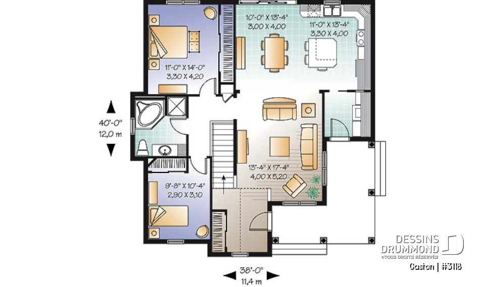 Rez-de-chaussée - Plan d'un bungalow original, cuisine avec îlot, 2 chambres, vestibule, salle de lavage au r-d-c - Gaston