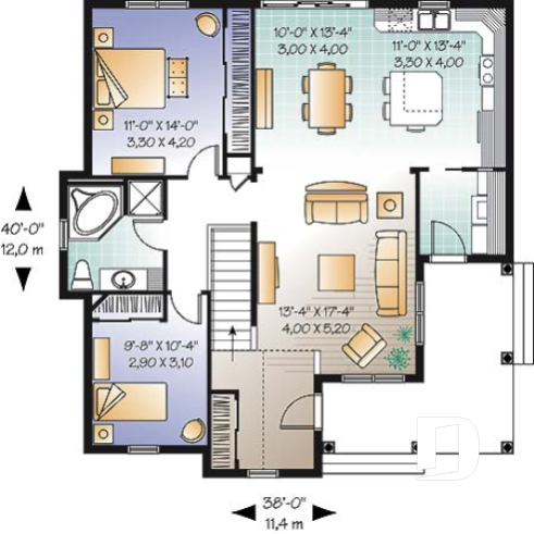 Rez-de-chaussée - Plan d'un bungalow original, cuisine avec îlot, 2 chambres, vestibule, salle de lavage au r-d-c - Gaston