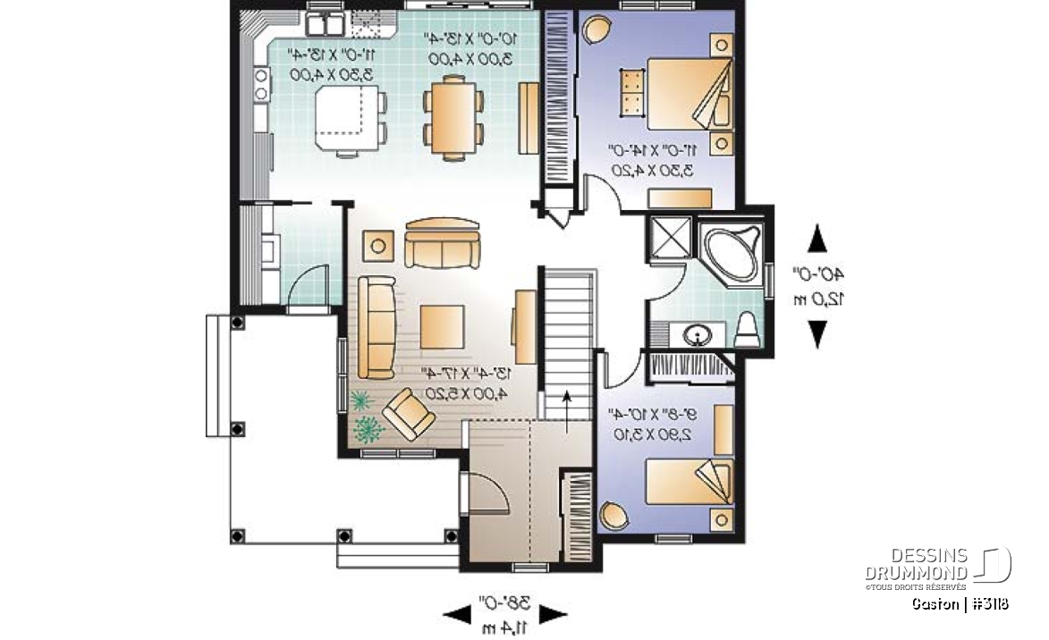 Rez-de-chaussée - Plan d'un bungalow original, cuisine avec îlot, 2 chambres, vestibule, salle de lavage au r-d-c - Gaston