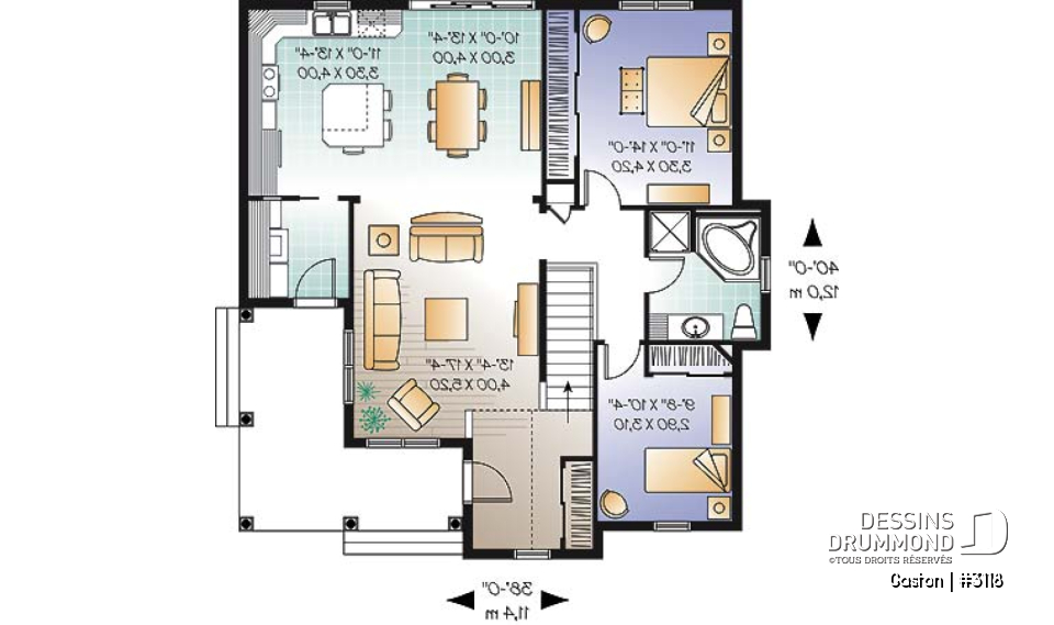 Rez-de-chaussée - Plan d'un bungalow original, cuisine avec îlot, 2 chambres, vestibule, salle de lavage au r-d-c - Gaston