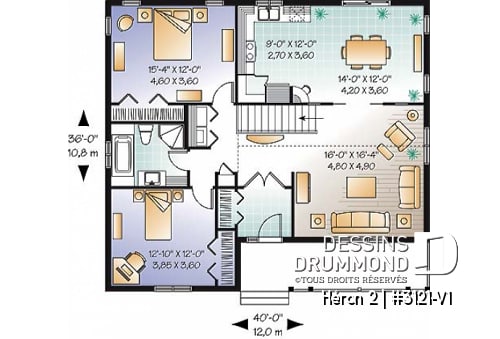Rez-de-chaussée - Plan de bungalow champêtre, 2 à 4 chambres, plafond 9', vestibule fermé, garde-manger, buanderie au r-d-c - Héron 2