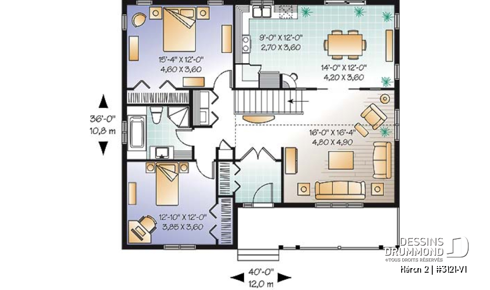 Rez-de-chaussée - Plan de bungalow champêtre, 2 à 4 chambres, plafond 9', vestibule fermé, garde-manger, buanderie au r-d-c - Héron 2