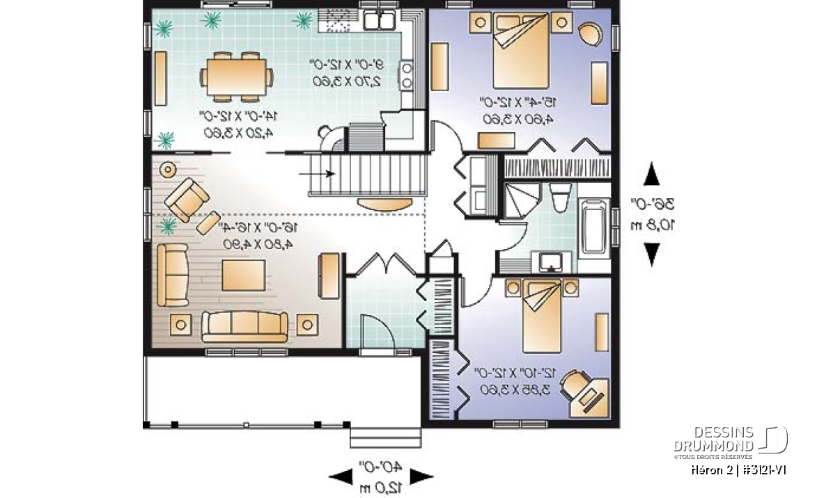 Rez-de-chaussée - Plan de bungalow champêtre, 2 à 4 chambres, plafond 9', vestibule fermé, garde-manger, buanderie au r-d-c - Héron 2