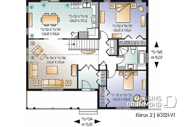 Rez-de-chaussée - Plan de bungalow champêtre, 2 à 4 chambres, plafond 9', vestibule fermé, garde-manger, buanderie au r-d-c - Héron 2