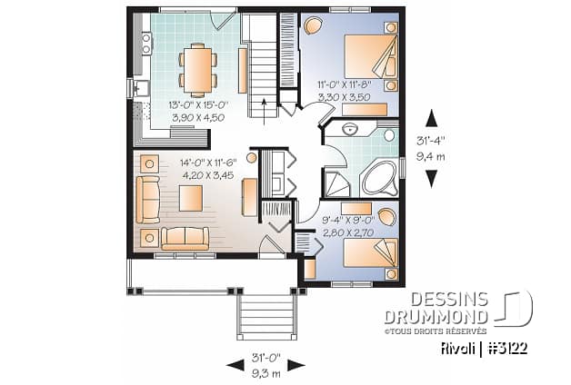 Rez-de-chaussée - Plan de plain-pied abordable, 2 chambres, buanderie au rez-de-chaussée, galerie avant, sous-sol aménageable - Rivoli