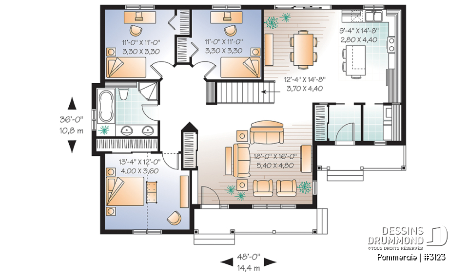 Rez-de-chaussée - Bungalow économique à l'américaine, 3 chambres, grand salon, buanderie au r-d-c, vestibule fermé, îlot cuisine - Pommeraie
