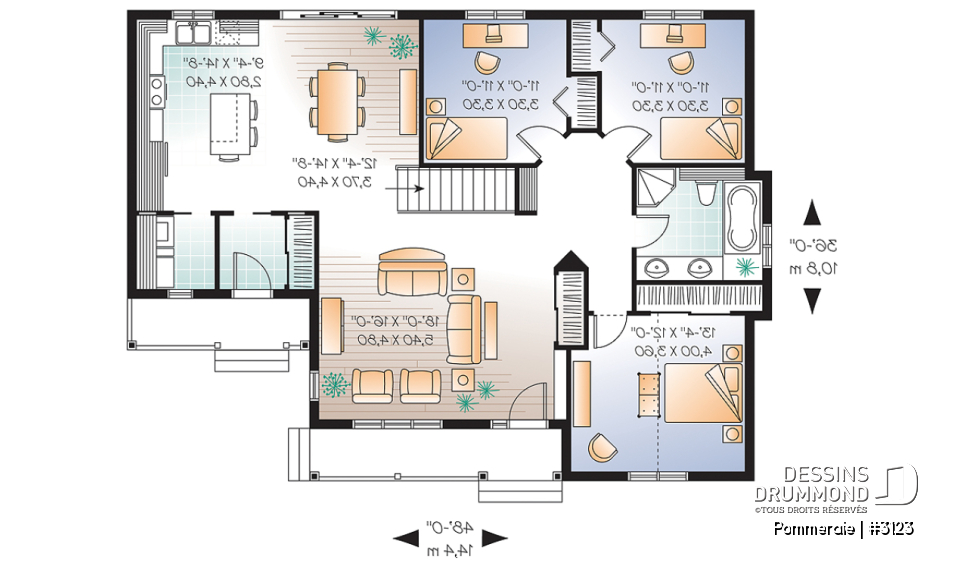 Rez-de-chaussée - Bungalow économique à l'américaine, 3 chambres, grand salon, buanderie au r-d-c, vestibule fermé, îlot cuisine - Pommeraie