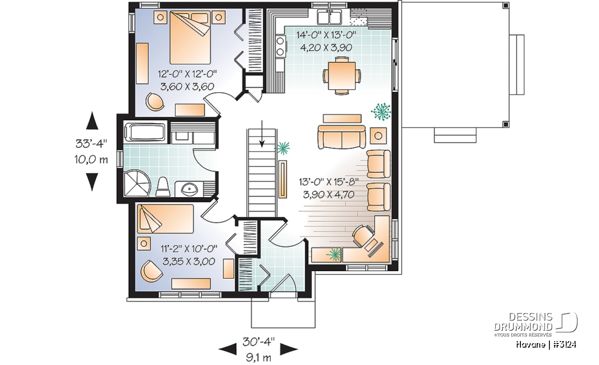 Rez-de-chaussée - Plan de bungalow économique, 2 chambres, terrasse couverte, plafond 9', salle de lavage au premier - Havane