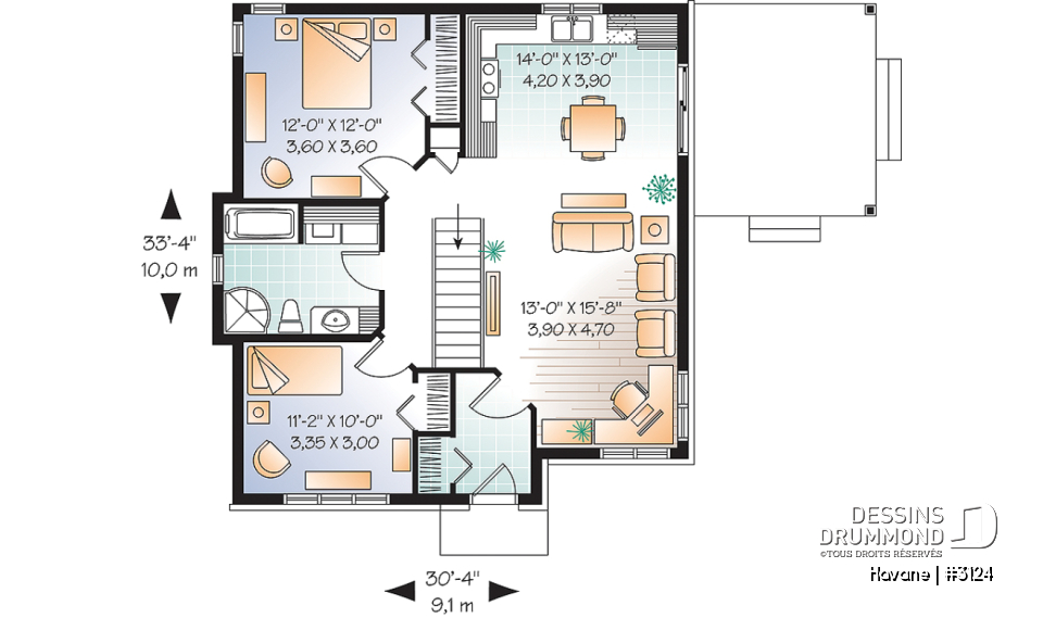 Rez-de-chaussée - Plan de bungalow économique, 2 chambres, terrasse couverte, plafond 9', salle de lavage au premier - Havane