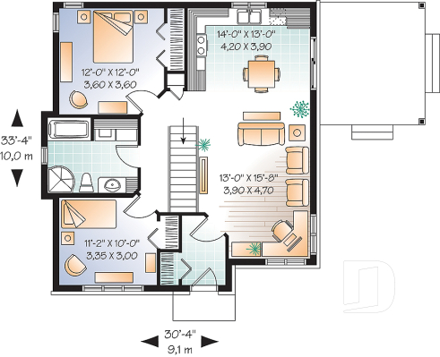 Rez-de-chaussée - Plan de bungalow économique, 2 chambres, terrasse couverte, plafond 9', salle de lavage au premier - Havane