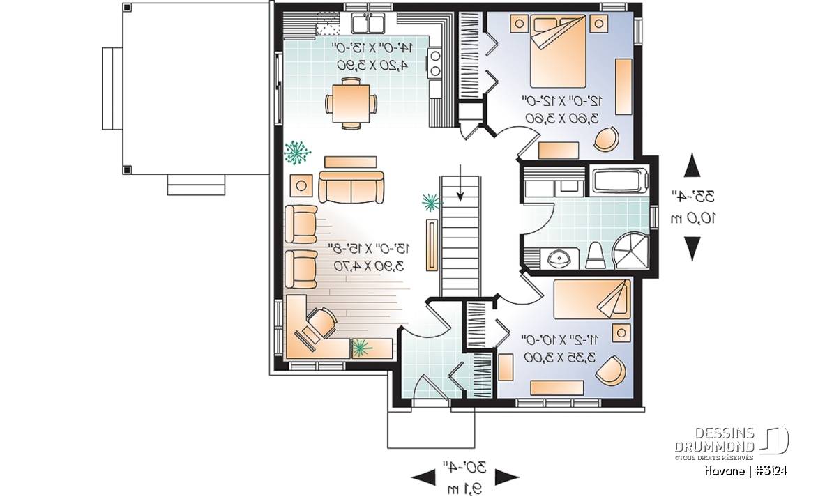 Rez-de-chaussée - Plan de bungalow économique, 2 chambres, terrasse couverte, plafond 9', salle de lavage au premier - Havane