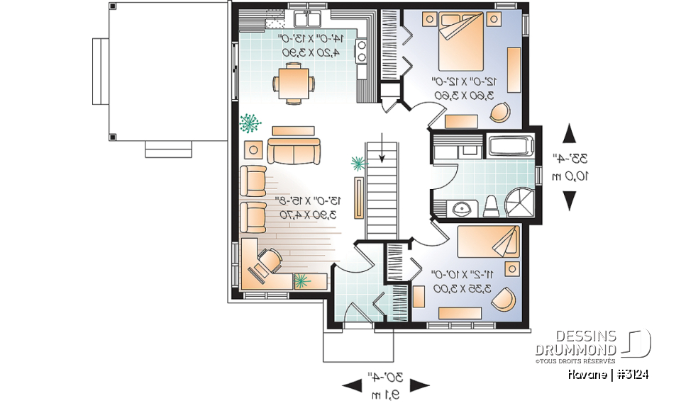 Rez-de-chaussée - Plan de bungalow économique, 2 chambres, terrasse couverte, plafond 9', salle de lavage au premier - Havane