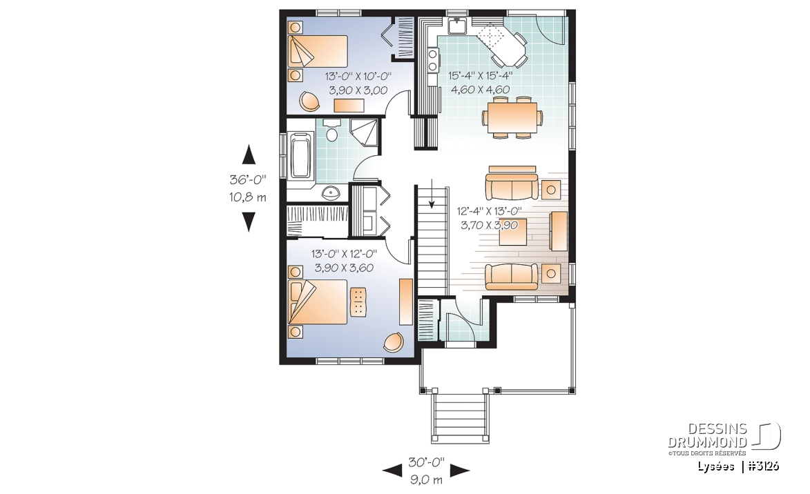 Rez-de-chaussée - Plan de plain-pied économique, 2 chambres, walk-in à la chambre des maîtres, aire ouverte, vestibule - Lysées 