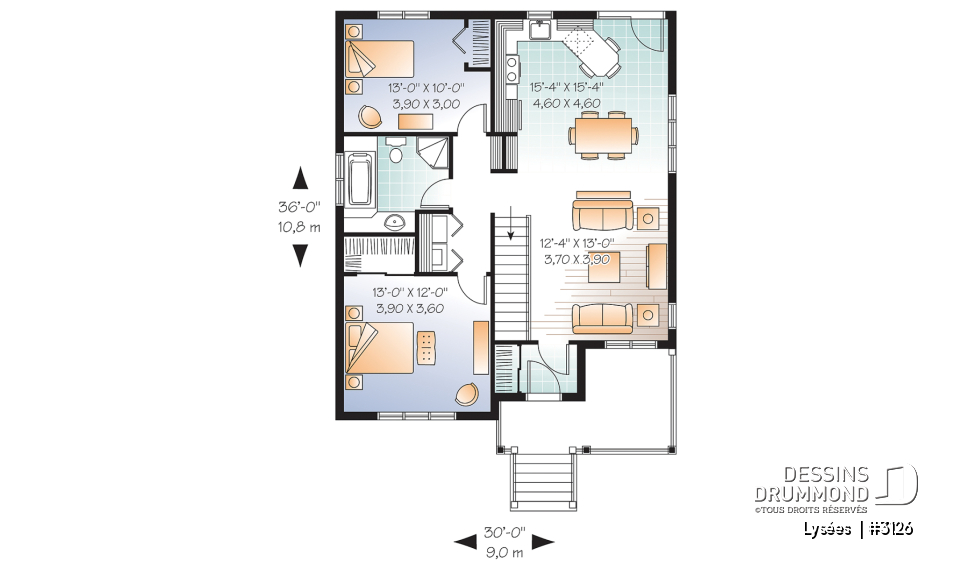 Rez-de-chaussée - Plan de plain-pied économique, 2 chambres, walk-in à la chambre des maîtres, aire ouverte, vestibule - Lysées 