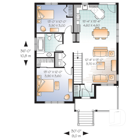 Rez-de-chaussée - Plan de plain-pied économique, 2 chambres, walk-in à la chambre des maîtres, aire ouverte, vestibule - Lysées 