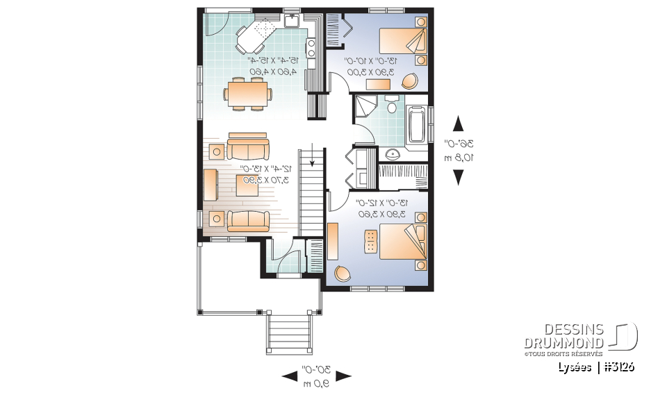 Rez-de-chaussée - Plan de plain-pied économique, 2 chambres, walk-in à la chambre des maîtres, aire ouverte, vestibule - Lysées 