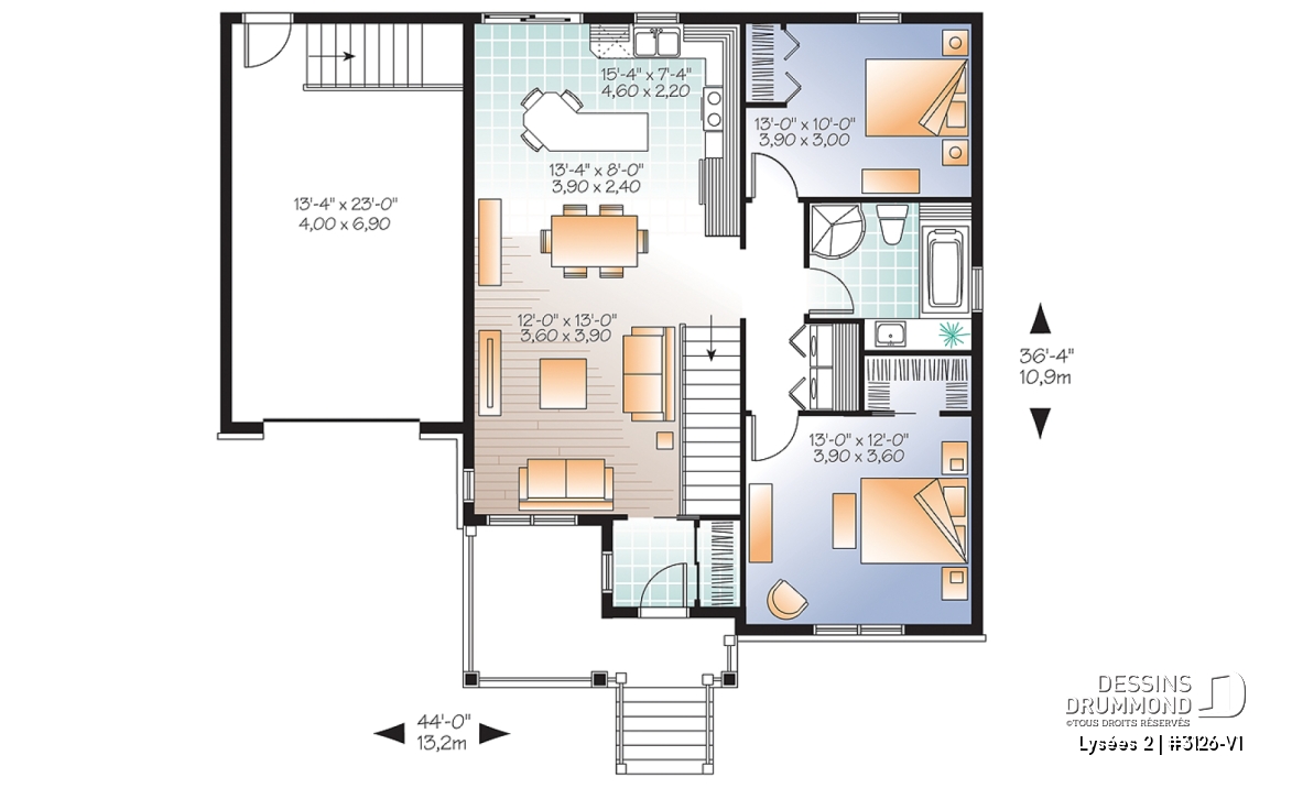 Rez-de-chaussée - Plan de bungalow champêtre avec garage, accès au sous-sol par garage, à aire ouverte, ìlot à la cuisine - Lysées 2