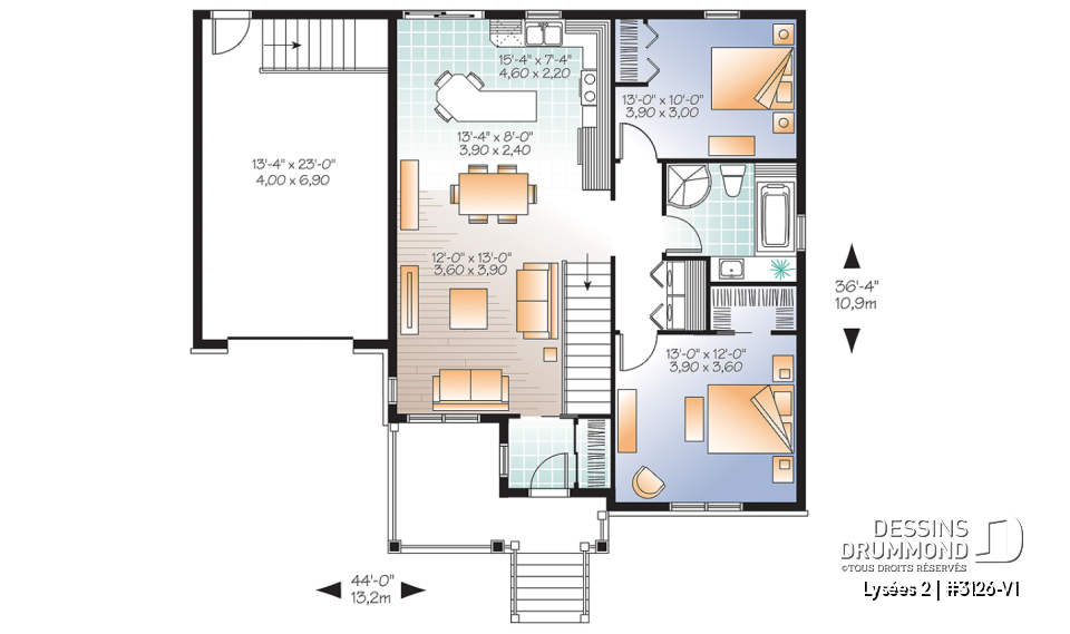 Rez-de-chaussée - Plan de bungalow champêtre avec garage, accès au sous-sol par garage, à aire ouverte, ìlot à la cuisine - Lysées 2