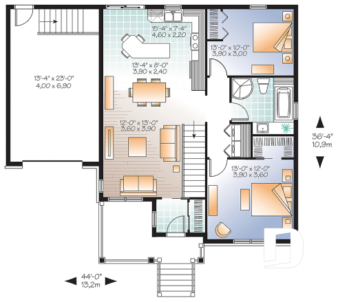 Rez-de-chaussée - Plan de bungalow champêtre avec garage, accès au sous-sol par garage, à aire ouverte, ìlot à la cuisine - Lysées 2
