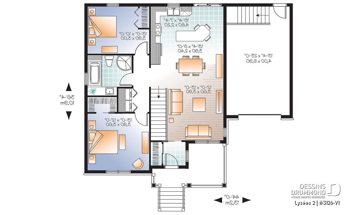 Rez-de-chaussée - Plan de bungalow champêtre avec garage, accès au sous-sol par garage, à aire ouverte, ìlot à la cuisine - Lysées 2