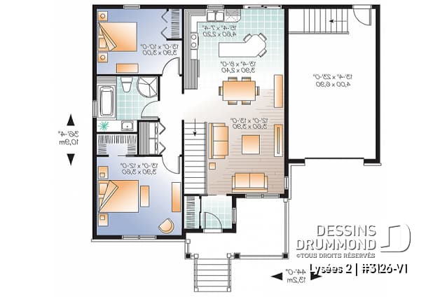 Rez-de-chaussée - Plan de bungalow champêtre avec garage, accès au sous-sol par garage, à aire ouverte, ìlot à la cuisine - Lysées 2