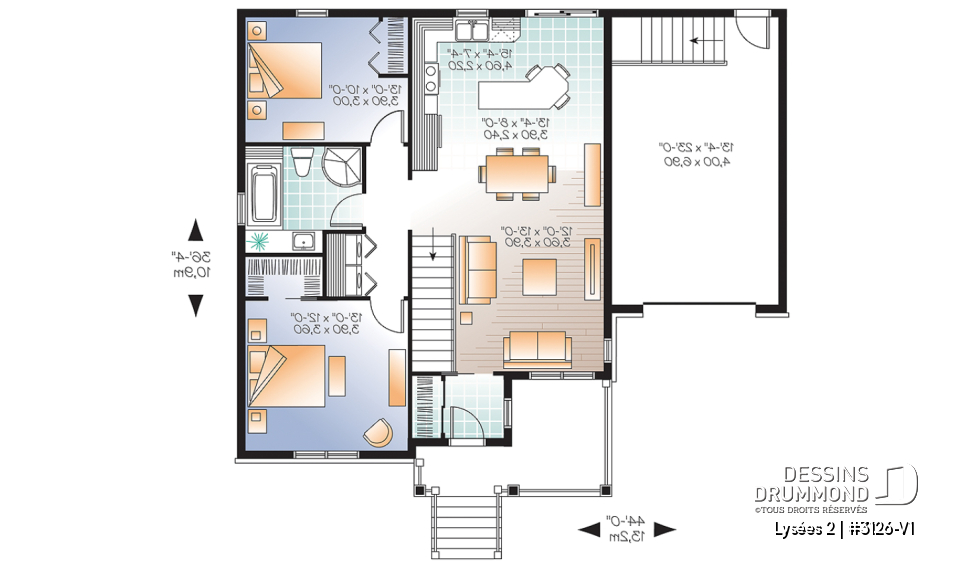 Rez-de-chaussée - Plan de bungalow champêtre avec garage, accès au sous-sol par garage, à aire ouverte, ìlot à la cuisine - Lysées 2