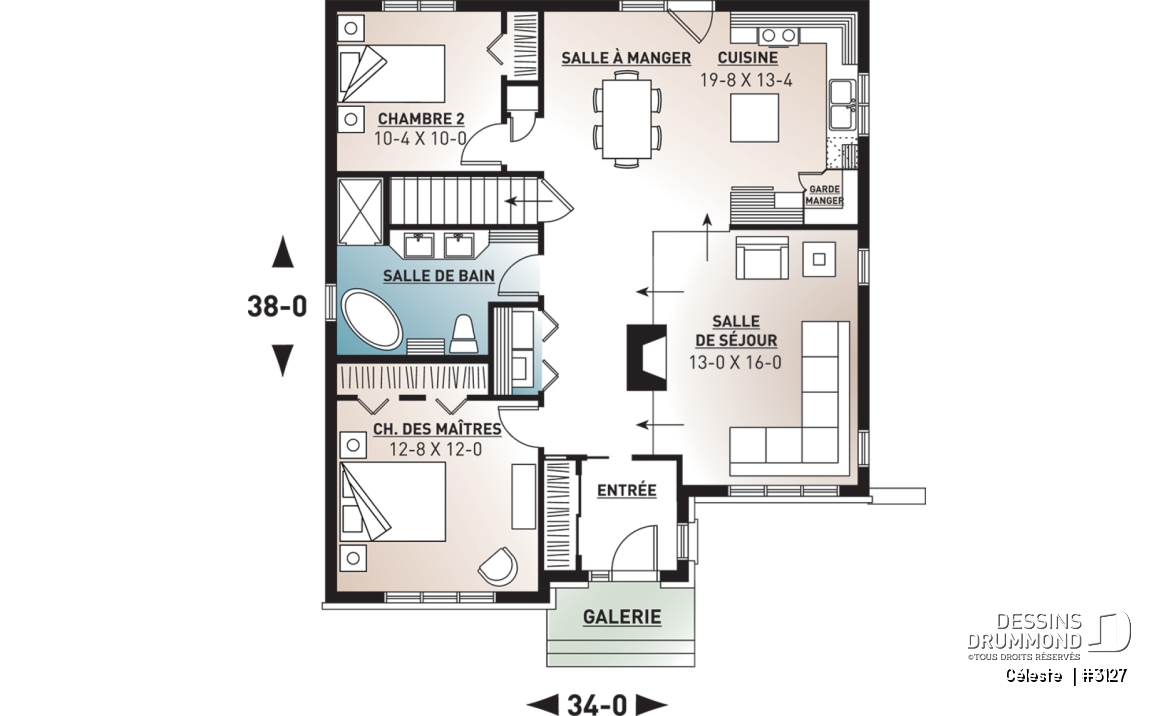 Rez-de-chaussée - Plan de maison de style champêtre, économique, 2 chambres, salon rabaissé, foyer, vestibule fermé - Céleste 