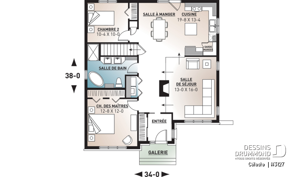 Rez-de-chaussée - Plan de maison de style champêtre, économique, 2 chambres, salon rabaissé, foyer, vestibule fermé - Céleste 