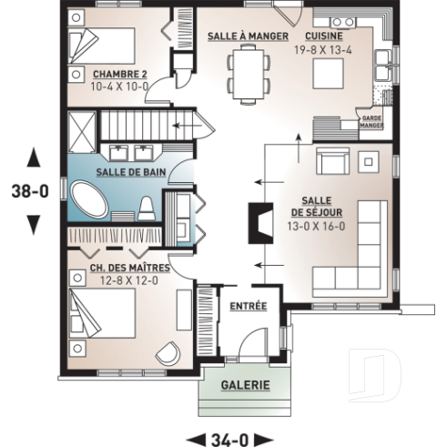 Rez-de-chaussée - Plan de maison de style champêtre, économique, 2 chambres, salon rabaissé, foyer, vestibule fermé - Céleste 