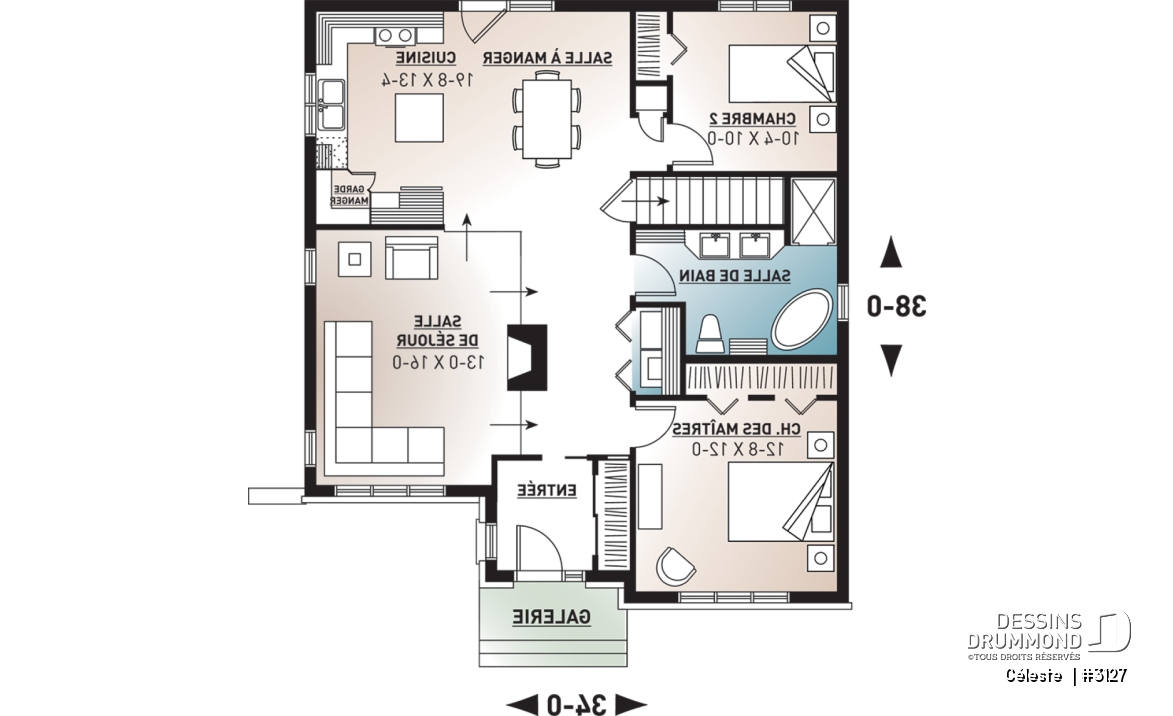 Rez-de-chaussée - Plan de maison de style champêtre, économique, 2 chambres, salon rabaissé, foyer, vestibule fermé - Céleste 