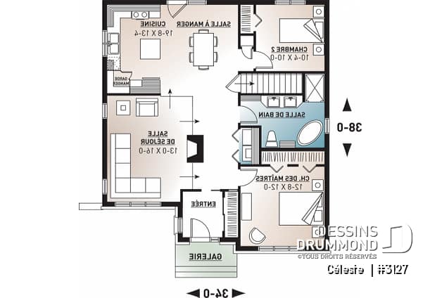 Rez-de-chaussée - Plan de maison de style champêtre, économique, 2 chambres, salon rabaissé, foyer, vestibule fermé - Céleste 