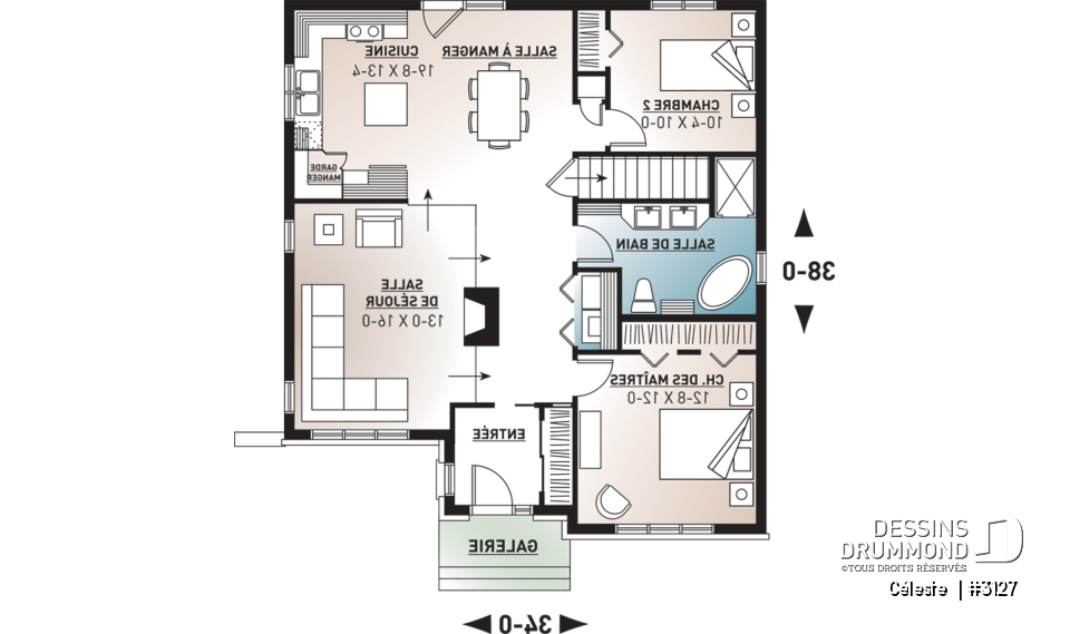 Rez-de-chaussée - Plan de maison de style champêtre, économique, 2 chambres, salon rabaissé, foyer, vestibule fermé - Céleste 