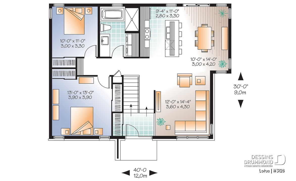Rez-de-chaussée - Plan de maison plain-pied contemporaine, 2 chambres, grande douche, grand îlot cuisine, beaucoup lumière - Lotus
